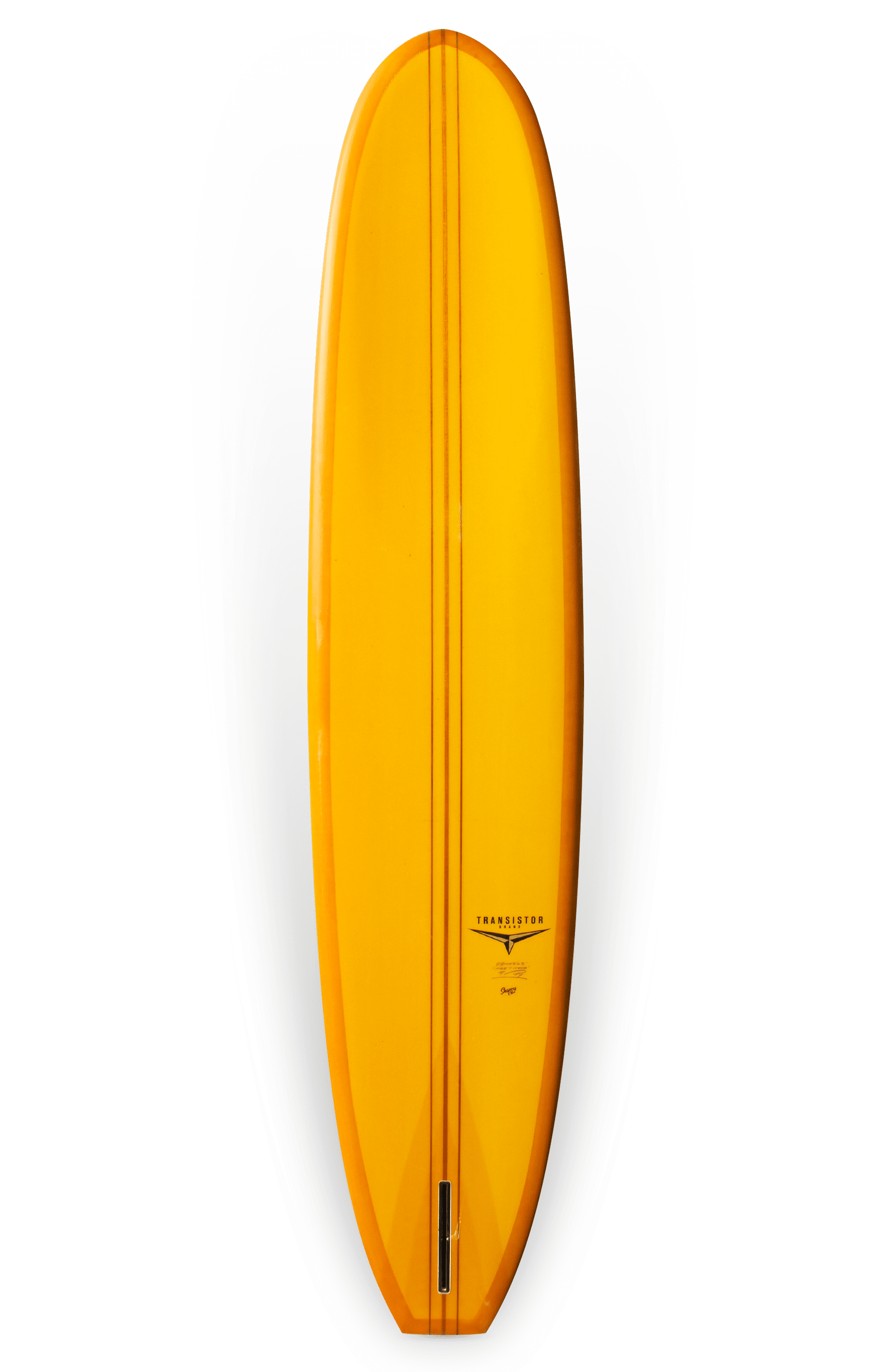 Shapers-Club- Aerial view of a bright yellow, elegant, elongated surfboard measuring 9'4" x 23" x 3' 1/4" with three stripes running its length. The surfboard has a glossy finish, the word "Transition" is visible near the lower right side, and this beauty was designed to perfection by Roger Hinds. -surfshop-surfboard