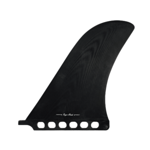 Shapers-Club- The Roger Hinds Apex 10.5" single surf fin in black stands vertically on a plain green background. The elegant fin has a slight curve and features a base with several circular cutouts and a small notch for attachment to a surfboard. The material looks sturdy and smooth. -surfshop-surfboard