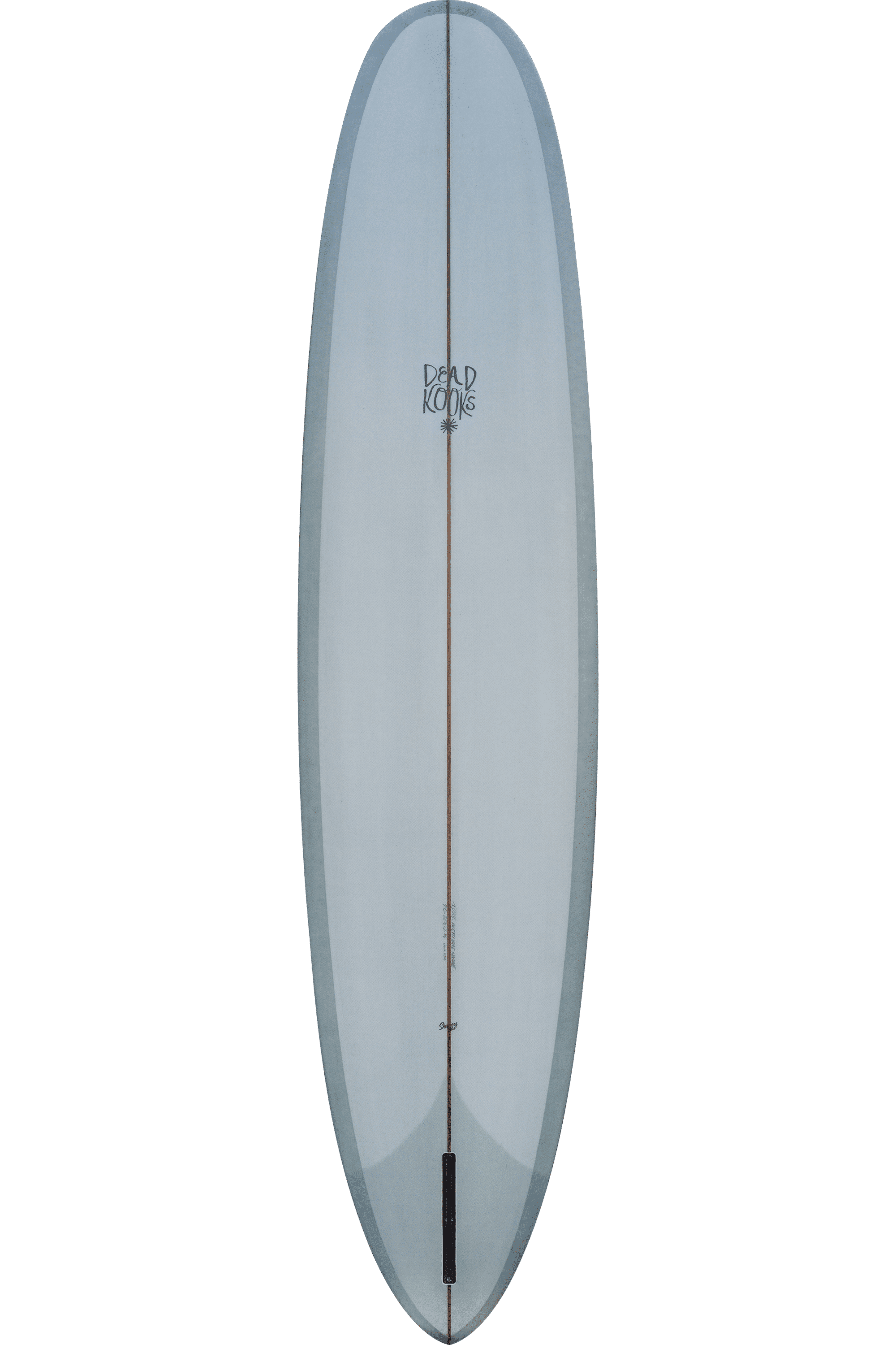 Shapers-Club- A top view of the Dead Kooks Guerrero 9'6" x 23" x 3" surfboard features a white deck and narrow black fin. Its elegant, elongated oval shape is accentuated by a single wooden rope running down the center. The "Dead Kooks" logo is prominently displayed near the top of the board. -surfshop-surfboard