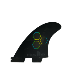 Shapers-Club- A black FCS fin - THRUSTER - SHAPER SERIES - Channel Islands - Medium-sized Reactor features a green and blue hexagonal pattern in the middle, with "FCS II" and "CI" printed near the base, representing the Channel Islands. -surfshop-surfboard