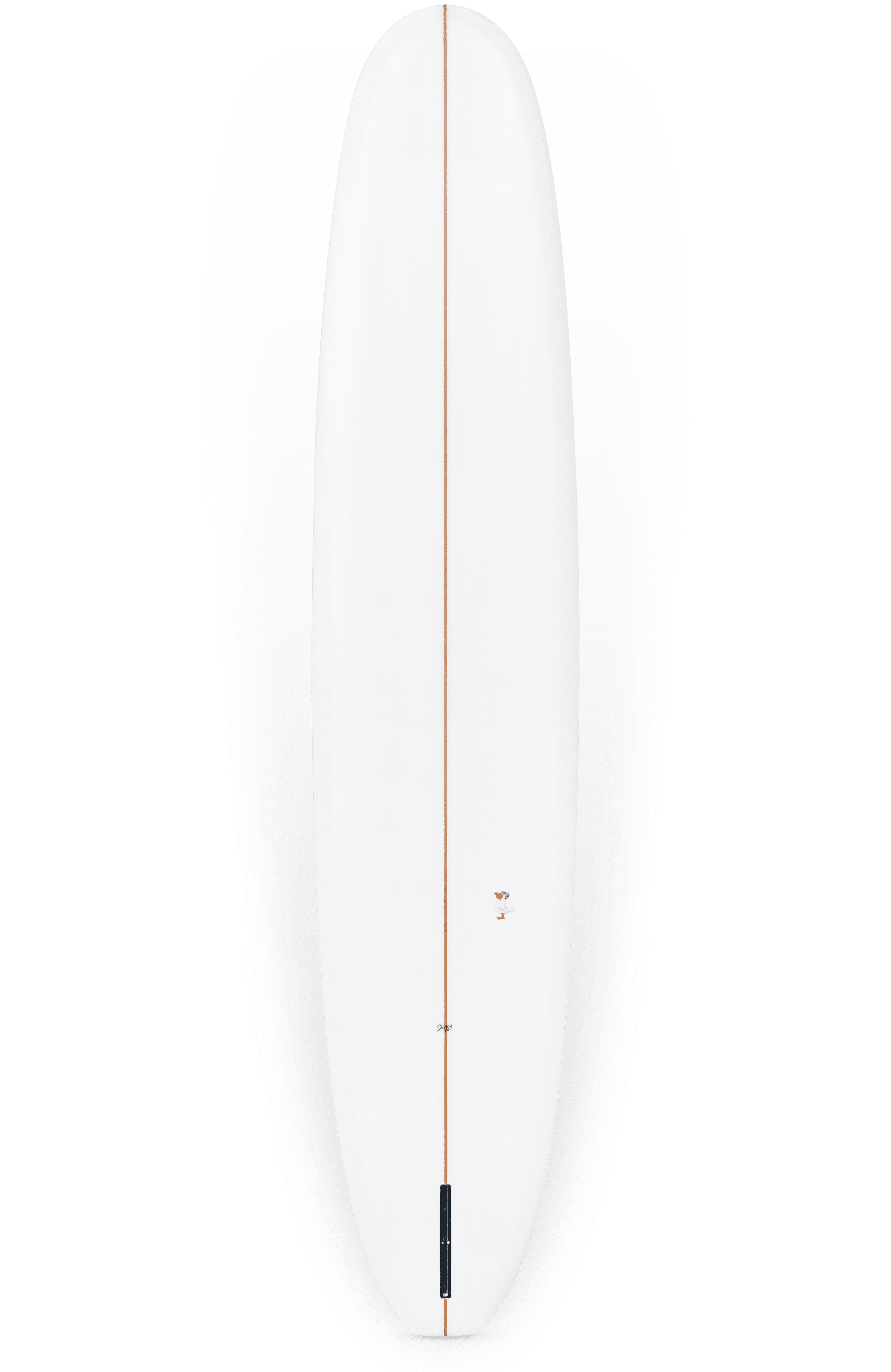 Shapers-Club- A top view of the Barrett Miller - Springfield 9'9" x 23" x 3" surfboard reveals a sleek white surface with a thin brown stripe running down the center from top to bottom. This classic longboard features a slightly rounded nose and tapered tail, two characteristic design elements often seen in Springfield. -surfshop-surfboard