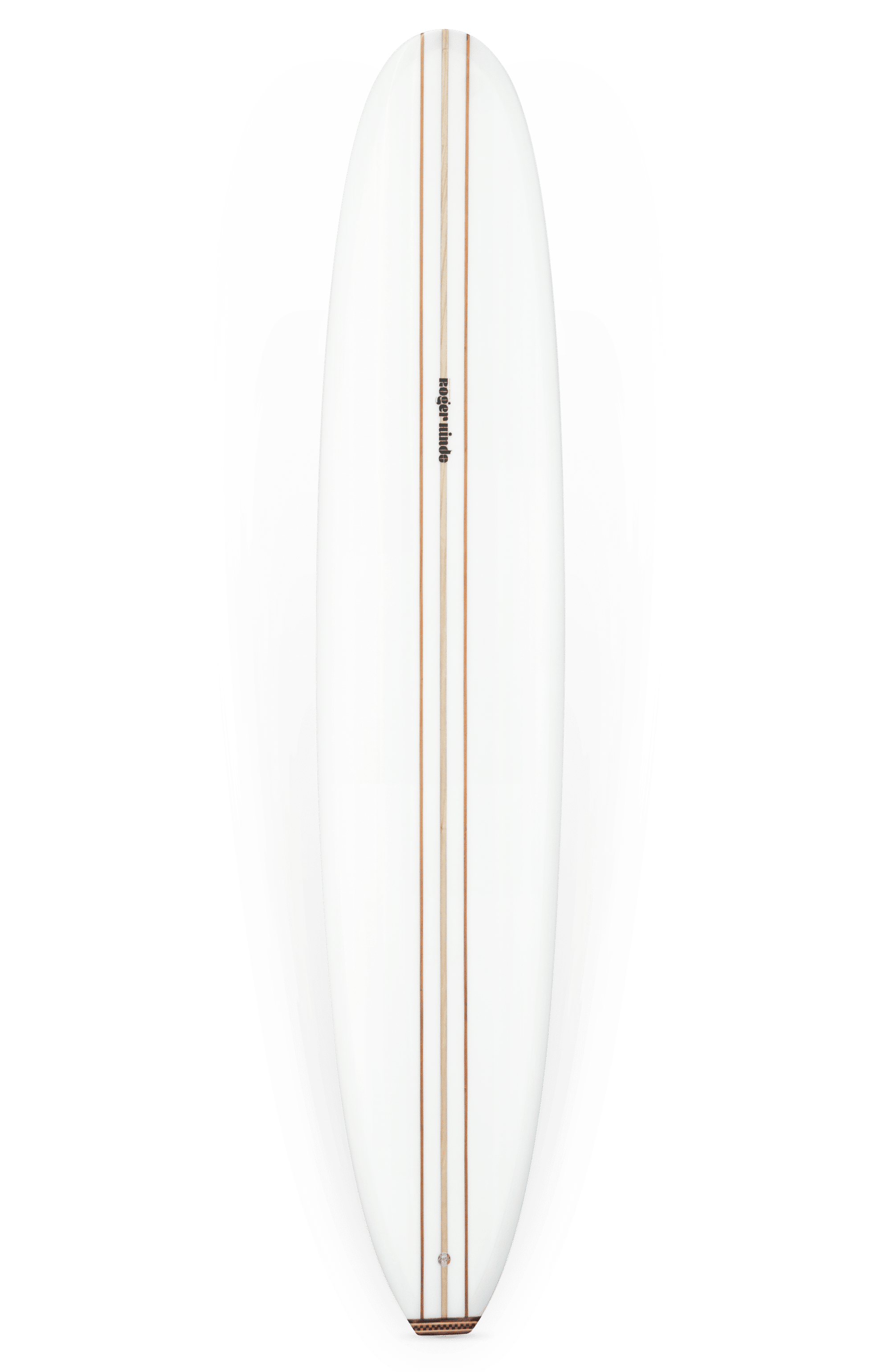 Shapers-Club- Pinder Hawaii's Joel model surfboard, measuring 9'7" x 23" x 3' 1/8", features a white finish with two brown wooden stringers running down the center from top to bottom. The word "Haydenshapes" is printed near the top in small black letters. This surfboard, which resembles the models seen at Pinder Hawaii, has a rounded nose and tail and is displayed vertically. -surfshop-surfboard