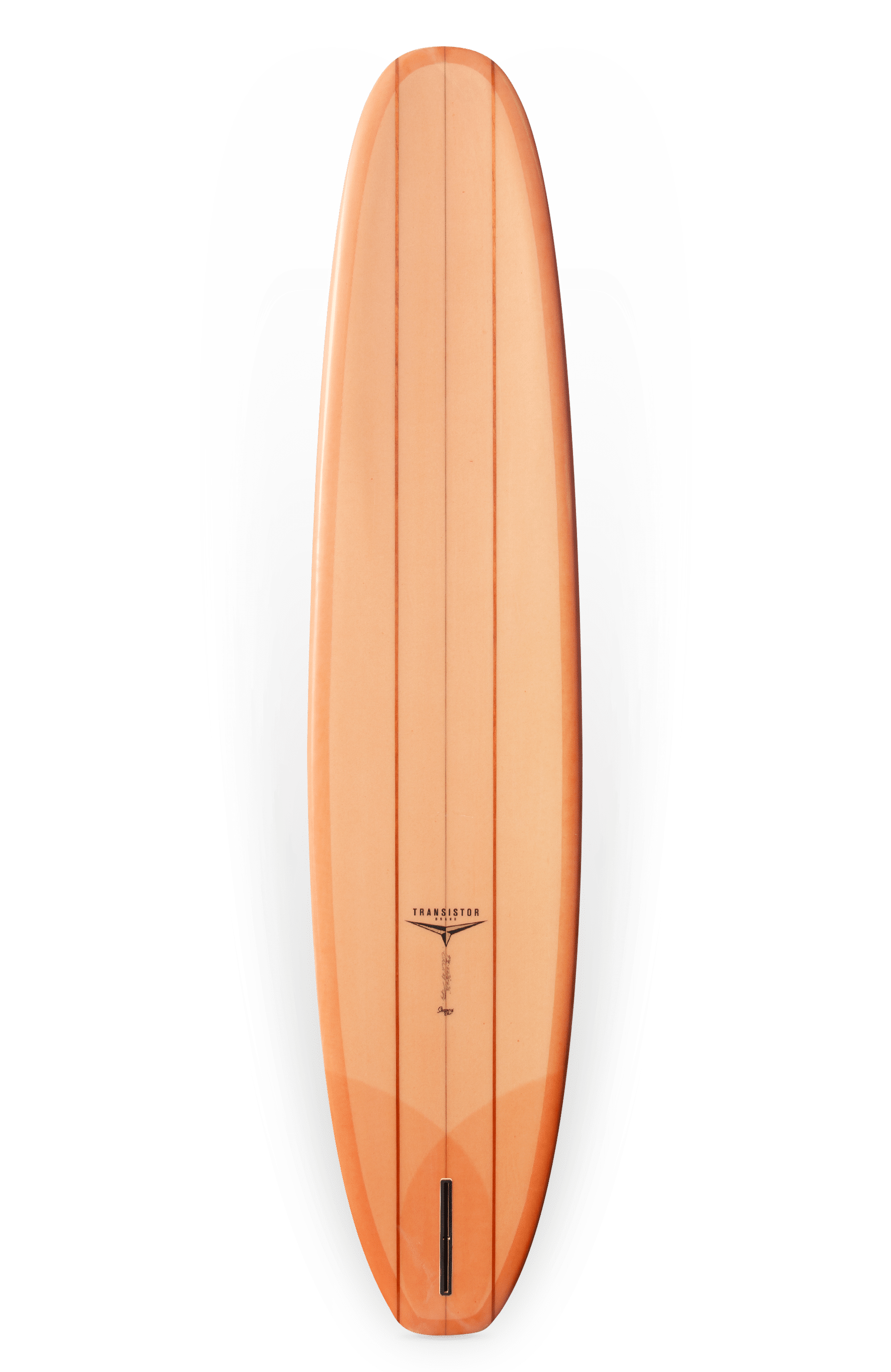 Shapers-Club- The Circa surfboard, measuring 9'4" x 22' 17/20" x 2' 17/20", features a bright orange finish with thin vertical black stripes, rounded tips and a fin slot at the tail for enhanced performance and style. -surfshop-surfboard