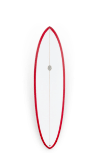 Shapers-Club- The Zephyr double surfboard features an elegant white surface, vibrant red trim and an aerodynamic design with symmetrical pointed edges. Made at 6'10" x 21' 1/2" x 2' 1/2", it stands out beautifully against the solid white background. -surfshop-surfboard
