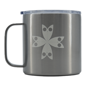 Shapers-Club- The Shapersclub Joel Fitzgerald beige surfboard isothermal mug is a stainless steel mug with a handle, clear plastic lid and minimalist star design with stylized leaves with cut-out details, perfect for keeping drinks warm on the go. -surfshop-surfboard