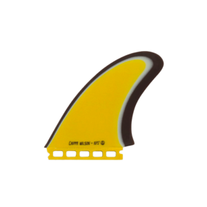 Shapers-Club- The Captain Fin Co. Neal Purchase X Chippa Wilson - Twins Single Tab "la Especial" is a simple yellow surfboard fin with black and white accents, designed for performance and durability. It features a labeled base for easy attachment to your surfboard. -surfshop-surfboard