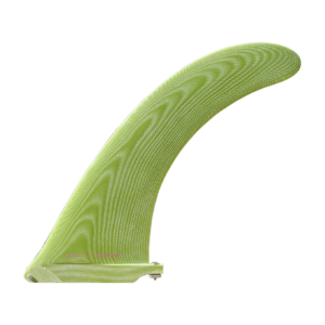 Shapers-Club- Une seule dérive de planche de surf verte AK BMT Super Flex V2 9.25 se dresse sur un fond uni avec un motif texturé et une pointe incurvée, mettant en valeur son design élégant. -surfshop-surfboard