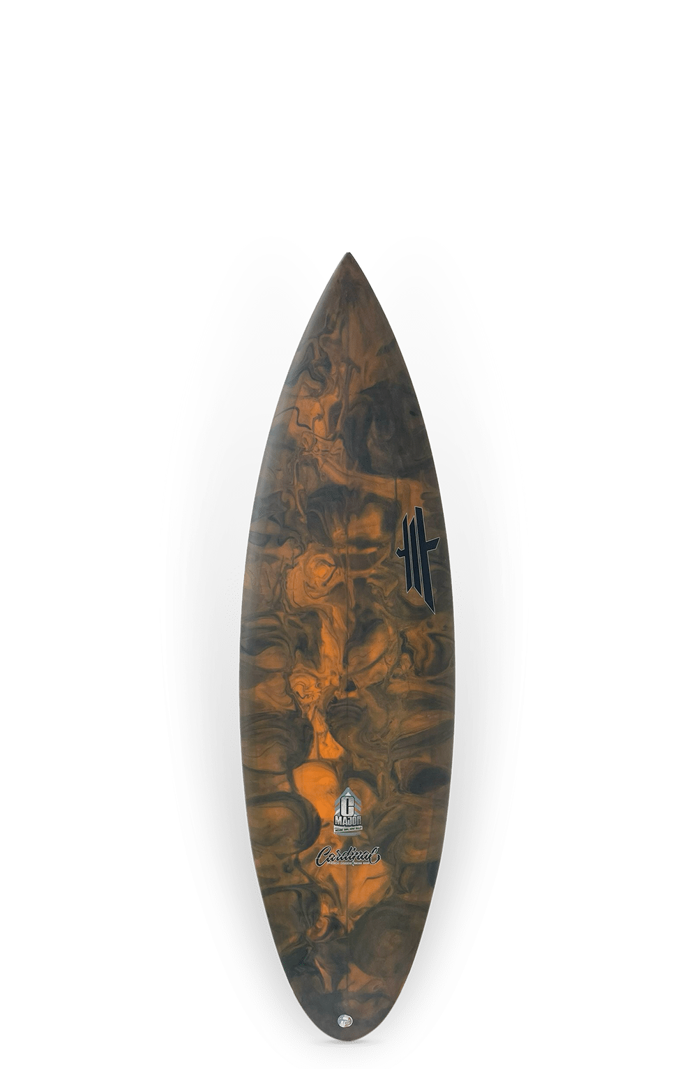 Shapers-Club- The C-Major surfboard, measuring 5'8 x 19" 3/4 x 2" 1/2, features a glossy black, gold and brown swirl pattern. Distinct markings adorn its upper and lower sections as it stands upright on a plain background. -surfshop-surfboard