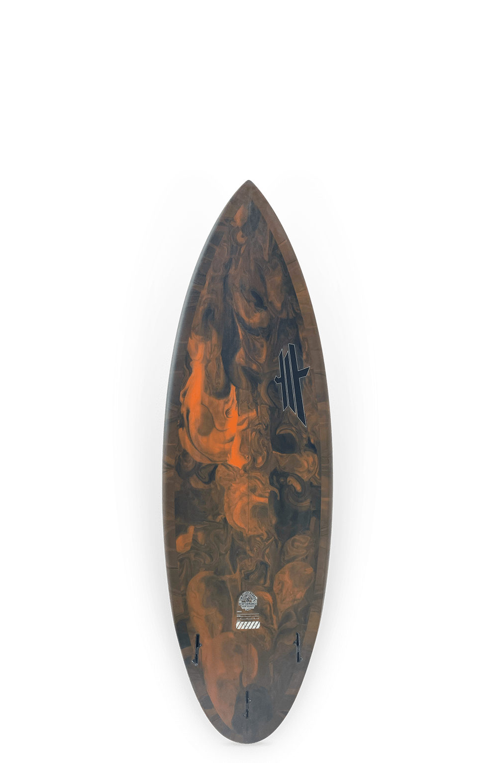 Shapers-Club- The C-Major surfboard, measuring 5'8 with 19" fins, features a marbled design in black, orange and gray swirls. It has a pointed nose and displays the C-Major logo and a centered graphic on a black-to-gray gradient background. -surfshop-surfboard