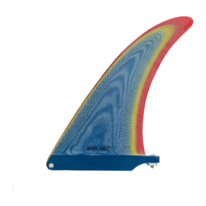 Shapers-Club- L'aileron de planche de surf Alex Knost Classic 9.5 présente un design dégradé coloré dans des tons bleu, jaune et rouge. Il mesure 9,5 pouces, a une finition texturée et comprend une base de fixation à vis inspirée du style distinctif d'Alex Knost. -surfshop-surfboard