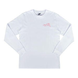 Shapers-Club- A plain white long-sleeved FROM THE YARD t-shirt with a small light pink graphic and text on the left chest, displayed flat against a white background. -surfshop-surfboard