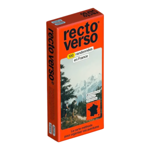Shapers-Club- A red Recto Verso Europe box features hikers on a mountain trail with the French Alps in the background. A small map of France and product information highlight hiking adventures across Europe, including "100 randonnées en France". -surfshop-surfboard