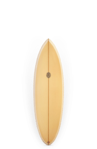 Shapers-Club- The Chippa Twin + 1 - 5'6" x 20" x 2 5/8" is a yellow surfboard with a white edge and a thin brown center stripe, displayed vertically on a plain background with subtle gray and black side shading. -surfshop-surfboard