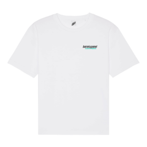 Shapers-Club- A plain white t-shirt with a small "Barrel and Panel" logo in black and green on the left chest, expressing the essence of van life. Presented on a transparent background. Product: Barrel and Panel - Van life. -surfshop-surfboard