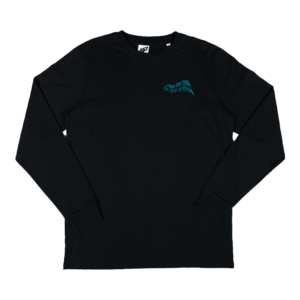 Shapers-Club- The black long-sleeved TO THE WAVES t-shirt lies flat, featuring a small graphic and teal blue TO THE WAVES text on the left chest. -surfshop-surfboard