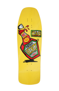 Shapers-Club- La réédition du deck Gordon & Smith Mark Heinztman Ketchup Bottle - Jaune (Royaume-Uni) présente un deck jaune vif avec un graphisme de bouteille de ketchup coloré étiqueté « Mark Heinztman » et le logo G&S, une réédition classique du skateboard. -surfshop-surfboard