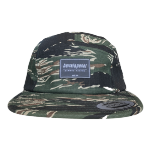Shapers-Club- The 5 PANEL CAMO is a green camouflage baseball cap with five panels, a rectangular "barrel and panel" patch on the front and a round sticker on the brim. -Surfshop-surfboard